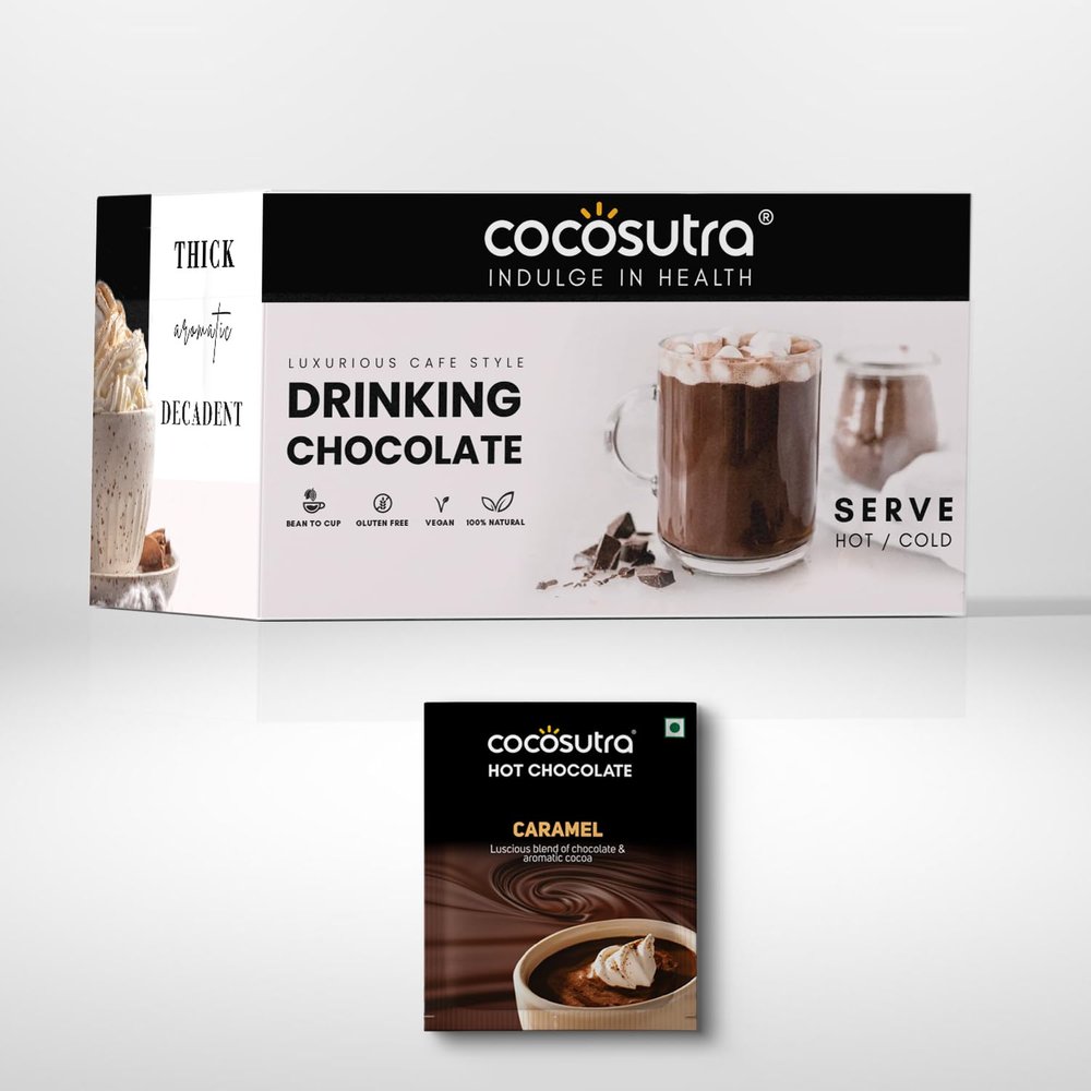 Cocosutra Hot Chocolate Travel Friendly Gift Hamper | Caramel Drinking Chocolate Powder | 20 Single Serves | Enjoy Hot or Cold | Gluten Free | No Preservatives | Ready in 2 Minutes | Celebration Box | 400g
