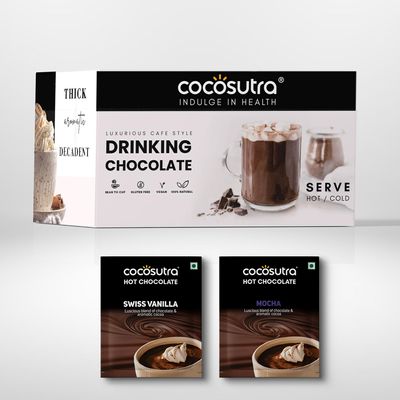 COCOSUTRA Hot Chocolate Collections | Swiss Vanilla & Mocha | 20 Single Serves Drinking Chocolate | Travel Friendly Gift Hamper | Enjoy Hot or Cold | No Preservatives | Ready in 2 Minutes | Celebration Box | 400g