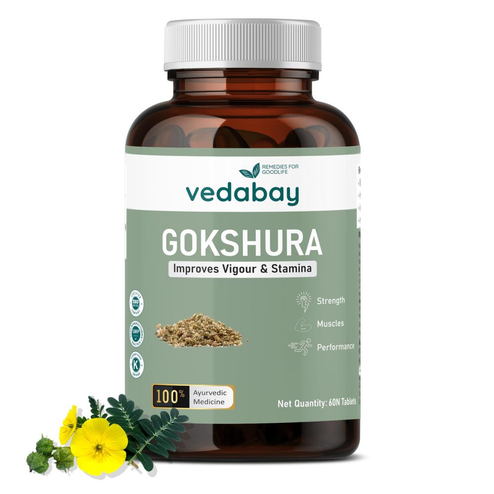 Vedabay Gokshura Tablets 600 Mg, Rejuvenates Mind and Body, Improves Vigour, Tribulus Terrestris, Ultra High Concentrated 70% Saponins, For Both Men & Women, 60 Gokshura Tablets