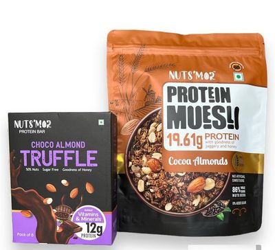 NUTS'MOR Combo Pack Muesli with goodness of jaggery and honey cocoa almonds (950) g Protein Daily Choco Almond Truffle12g Protein Bar (Pack of 6) Protein Blend, Vitamins, Fibres & Minerals