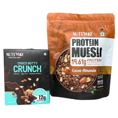 NUTS'MOR Combo Pack Protein Muesli with goodness of jaggery and honey cocoa almonds (950) g Protein Daily Choco Nutty Crunch 12g Protein Bar