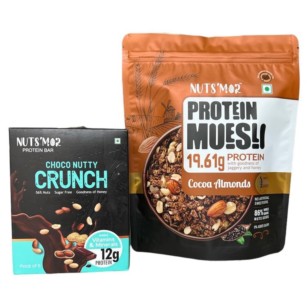 NUTS'MOR Combo Pack Protein Muesli with goodness of jaggery and honey cocoa almonds (950) g Protein Daily Choco Nutty Crunch 12g Protein Bar