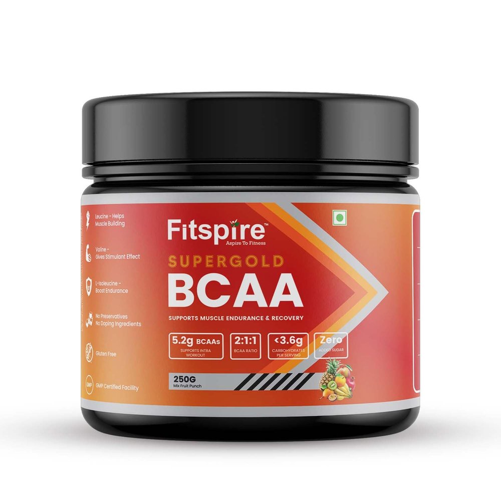 Fitspire Super Gold BCAA for Men & Women | 5.2 Gram BCAAs | Zero Added Sugar, Supports Muscle Endurance & Recovery | Mix Fruit Punch - 250g |