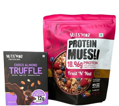 NUTS'MOR Protein Muesli protein with goodness of jaggery and honey"Fruit 'N' Nut"(950) g Protein Daily Choco Almond Truffle12g Protein Bar