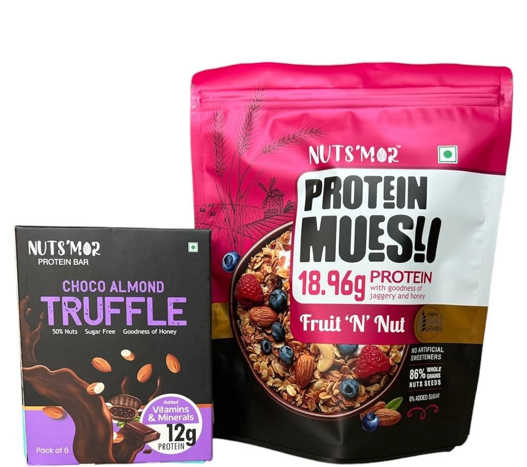 NUTS'MOR Protein Muesli protein with goodness of jaggery and honey"Fruit 'N' Nut"(950) g Protein Daily Choco Almond Truffle12g Protein Bar