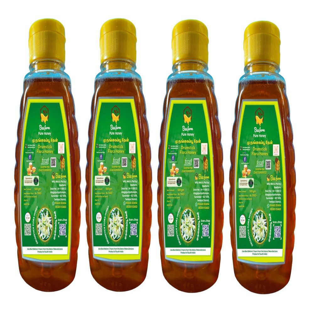 Beefarm 100% Pure and Natural Raw Golden Clear Drumstick Flora Honey, No Sugar Adulteration, Natural Immunity Booster, Long Lasting Energy, Enhance Workout and Exercise, 500g (Pack of 4)