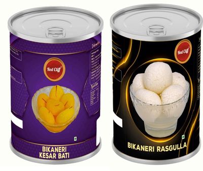 RED CLIFF Bikaneri Kesar Batti 16Pcs & Rasgulla 20pcs | Combo Pack of 2 | Saffron Spongy Balls | Traditional Sweet | Tin Pack | (Rasgulla & Kesar Bati | 800gx2 |)