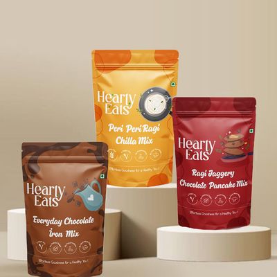Hearty Eats Ragi Jaggery Chocolate Pancake Mix And Everyday Chocolate Iron Mix With Peri Peri Ragi Chilla Mix (225 Grams Each Combo Pack of 3)