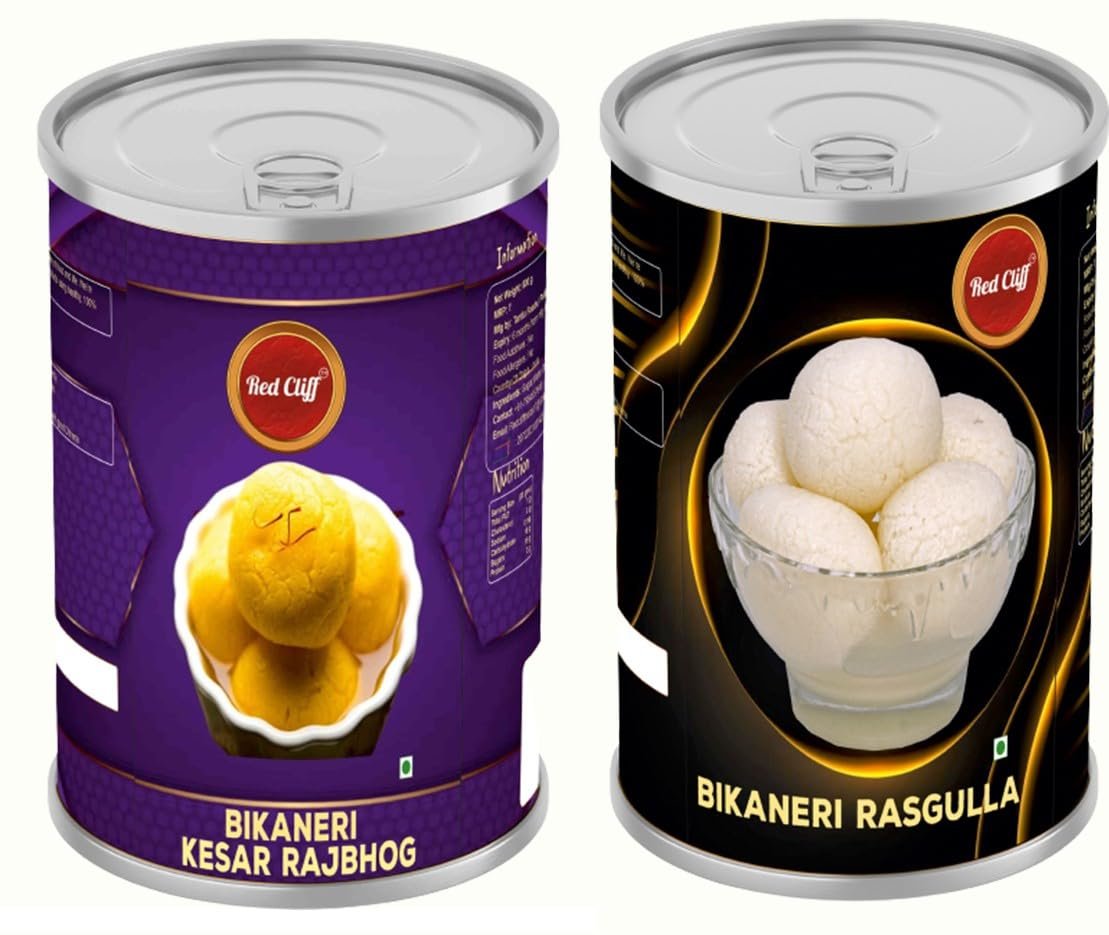RED CLIFF Bikaneri Rasgulla 20Pcs & Kesar Rajbhog 12Pcs | Combo Pack of 2 | Spongy Balls | Traditional Sweet | Tin Pack | (Rasgulla & Rajbhog | 800gx2 |)