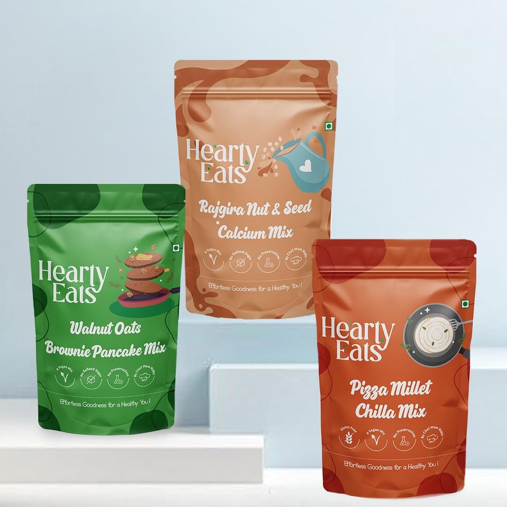 Hearty Eats Healthy Breakfast Combo Walnut Oats Brownie Pancake Mix,Rajgira Nut And Seed Calcium Mix & Pizza Millet Chilla Mix (Combo Pack of 3)225 Grams Each