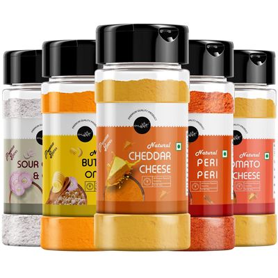 OYL - Popcorn Seasoning Powder Combo Cheddar Cheese, Sour Cream & Onion, Tomato Cheese & Butter Onion Powder For Make Delicious Cheese-Flavoured & Multipurpose Seasoning - 500G (100G Each Pack Of 5)