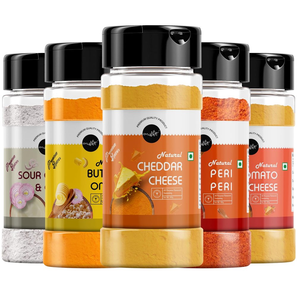 OYL - Popcorn Seasoning Powder Combo Cheddar Cheese, Sour Cream & Onion, Tomato Cheese & Butter Onion Powder For Make Delicious Cheese-Flavoured & Multipurpose Seasoning - 500G (100G Each Pack Of 5)