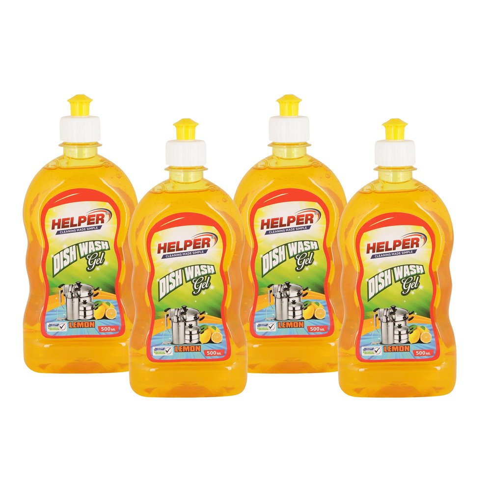 HELPER Dish Wash Gel Non Toxic | Eco-Friendly | Removes Tough Grease | No Residue | Lemon (Green) | Lemon (Yellow) | Pack of 4 | 500ml Each