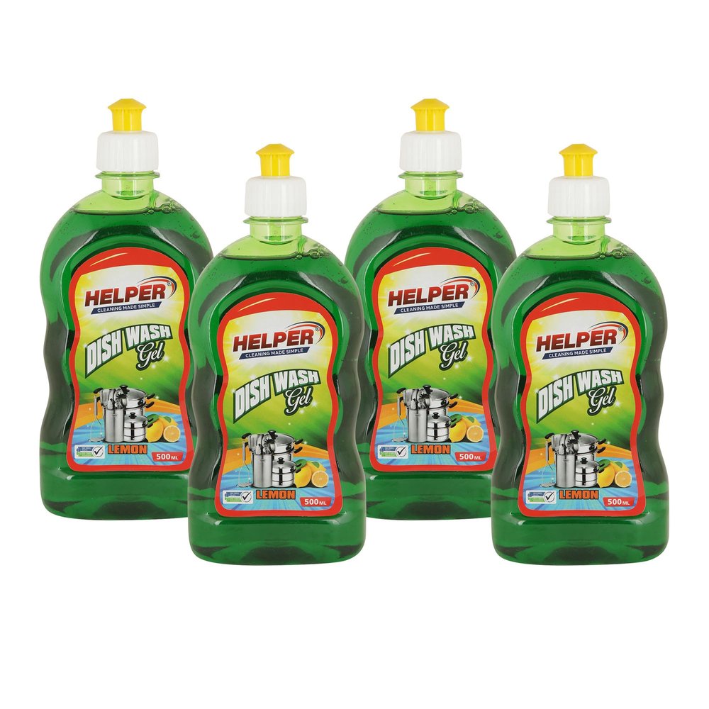HELPER Dish Wash Gel Non Toxic | Eco-Friendly | Removes Tough Grease | No Residue | Lemon (Green) | Pack of 4 | 500ml Each
