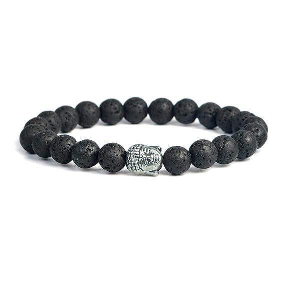 Aanya Gems Buddha Head Bracelet Citrine Rose Quartz, Tiger Eye, Lava, Onyx, Quartz, Amethyst Bracelet Crystal Stone Bracelets (Lava With Buddha) with Lab Certificate