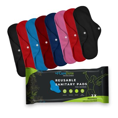 CareDone Reusable Cloth Period Pads for Heavy Flow Leakproof Overnight Protects,Large Sanitary Pads Set with Wings for Women,Washable Cloth Panty Liners Period Pads (MulticolorClothPads08)