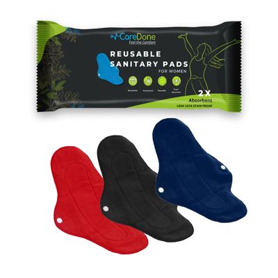 CareDone Reusable Cloth Period Pads for Heavy Flow Leakproof Overnight Protects,Large Sanitary Pads Set with Wings for Women,Washable Cloth Panty Liners Period Pads (Black/Red/BluePads3)
