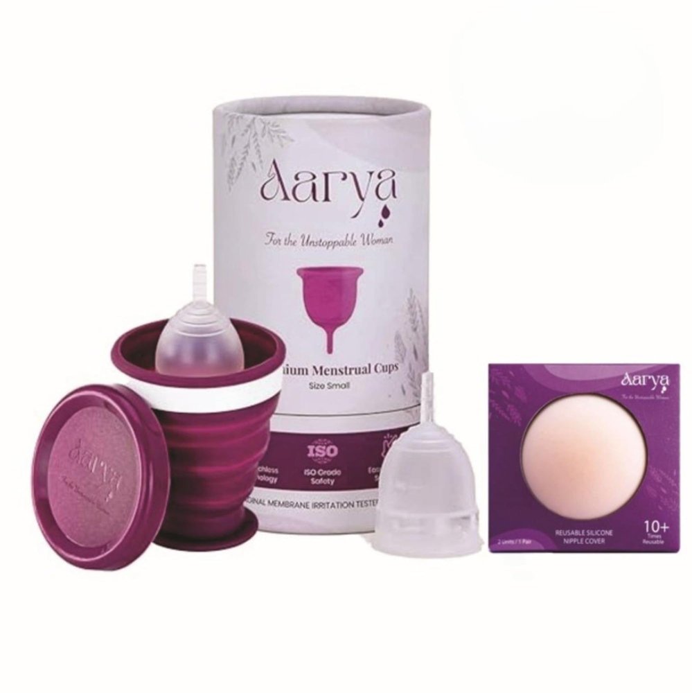 AARYA Reusable Menstrual Cup Combo With Sterilizing Container - Small | Collapsible Microwaveable Sterilizer Cup | Kills 99% Germs | Free Silicone Nipple Cover, Purple, Pack Of 2 Count