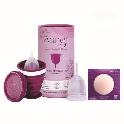 AARYA Reusable Menstrual Cup Combo With Sterilizing Container - Medium | Collapsible Microwaveable Sterilizer Cup | Kills 99% Germs | Free Silicone Nipple Cover, Purple, Pack Of 2 Count