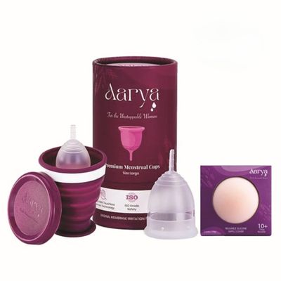AARYA Reusable Menstrual Cup Combo With Sterilizing Container - Large | Collapsible Microwaveable Sterilizer Cup | Kills 99% Germs | Free Silicone Nipple Cover, Purple, Pack Of 2 Count