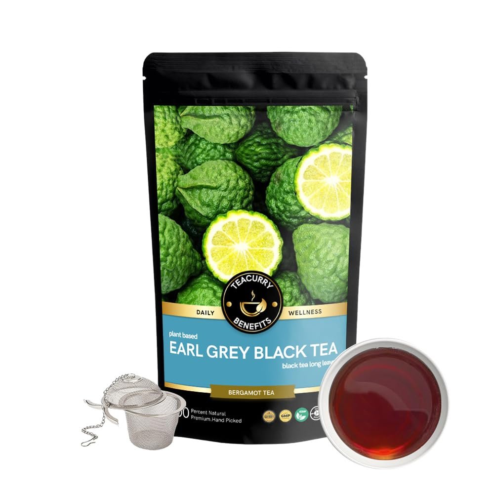 Teacurry Earl Grey Black Tea - (200 Gram Loose + Infuser, 2 Month pack) - English Breakfast with Natural Bergamot | Manage Weight and Sugar Level | Strong Black Tea