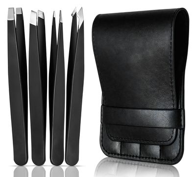Bay State Importers 4 Pack Tweezers Set - Stainless Steel, Black, Compact, Multi-Function, Precision Eyebrow & Ingrown Hair Removal