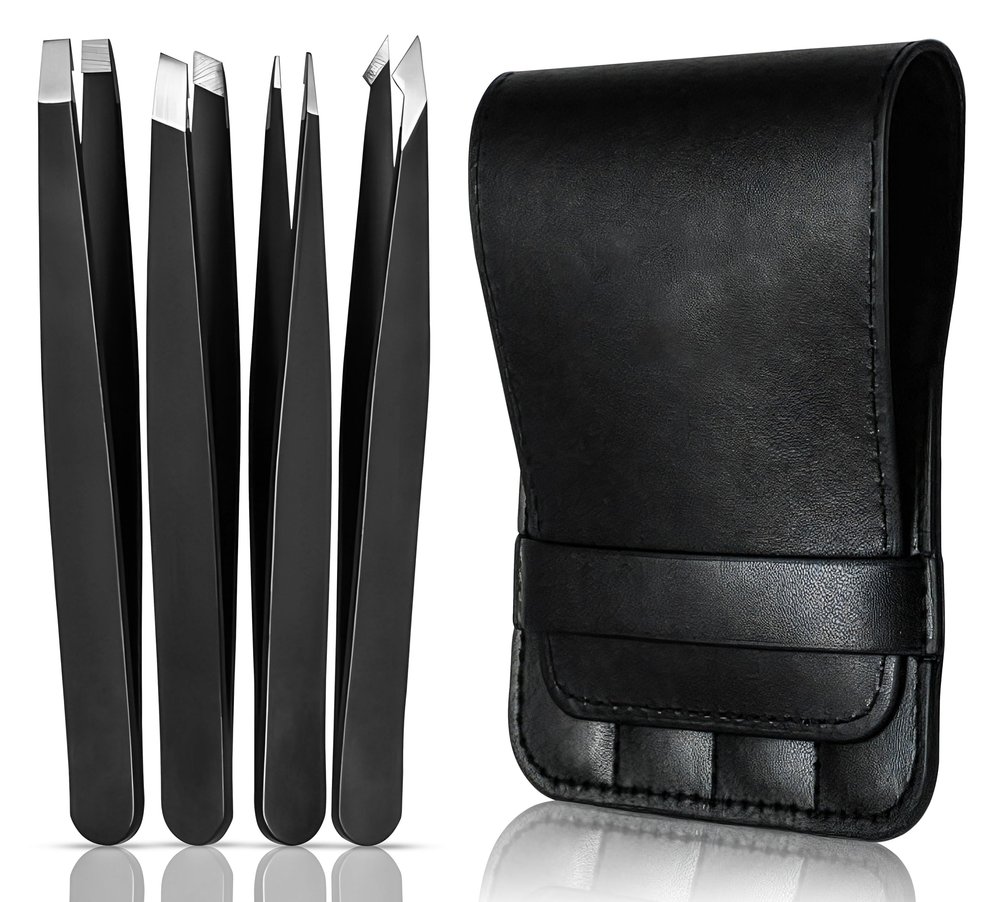 Bay State Importers 4 Pack Tweezers Set - Stainless Steel, Black, Compact, Multi-Function, Precision Eyebrow & Ingrown Hair Removal