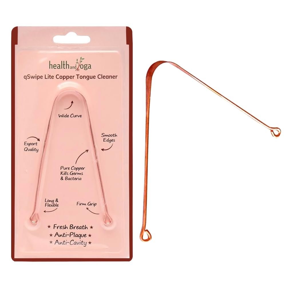 HealthAndYoga qSwipe Lite Copper Tongue Cleaner (Regular Pack of 1) - Removes Bad breath & Plaque, Improves taste- Flexible, Smooth, Lightweight - Curved ends provide good grip - Oral healthcare tool