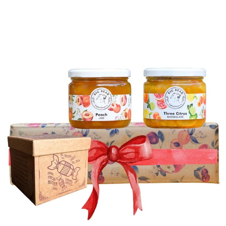 Big Bear Farms Celebrations Gift Box Of 3 With Caramel Toffee (300g), Peach Jam (350g), Three Citrus Marmalade (350g), Festive Gifting to Friends, Relatives