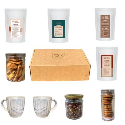 93 DEGREES COFFEE ROASTERS - GIFT PARCEL BD (Coffee Beans 3 Packet - 250g, Cascara, Biscotti, Cookies, Dragees, and 2 Small Cup)