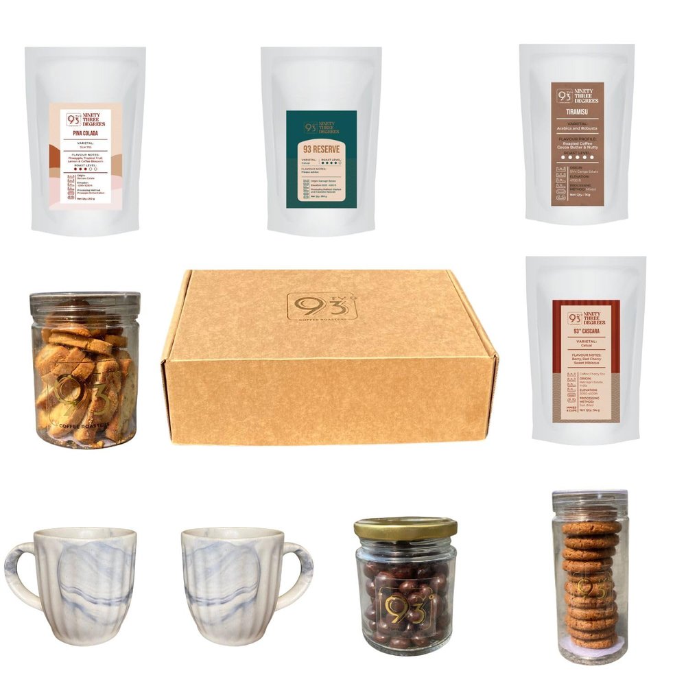 93 DEGREES COFFEE ROASTERS - GIFT PARCEL BD (Coffee Beans 3 Packet - 250g, Cascara, Biscotti, Cookies, Dragees, and 2 Small Cup)