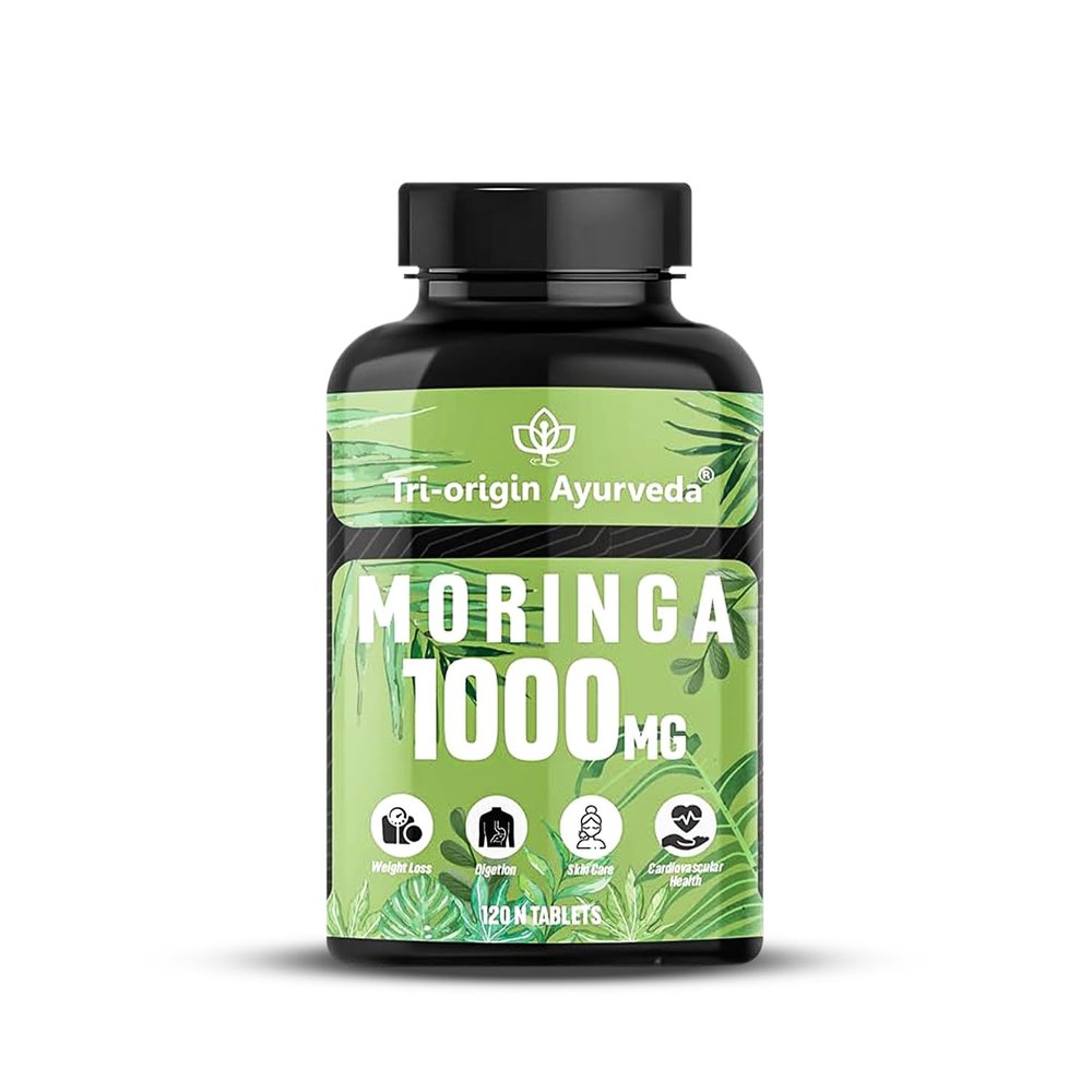 Tri-Origin Ayurveda 100% Organic Moringa Tablets with Moringa Leaves Extract - 120 Tablets, 1000mg Each