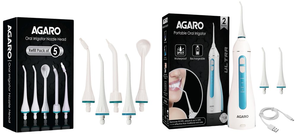 AGARO Ultra Dental Flosser for Teeth, Portable Oral Irrigator with 5 Nozzles, 2 Modes, 200ml Tank, White