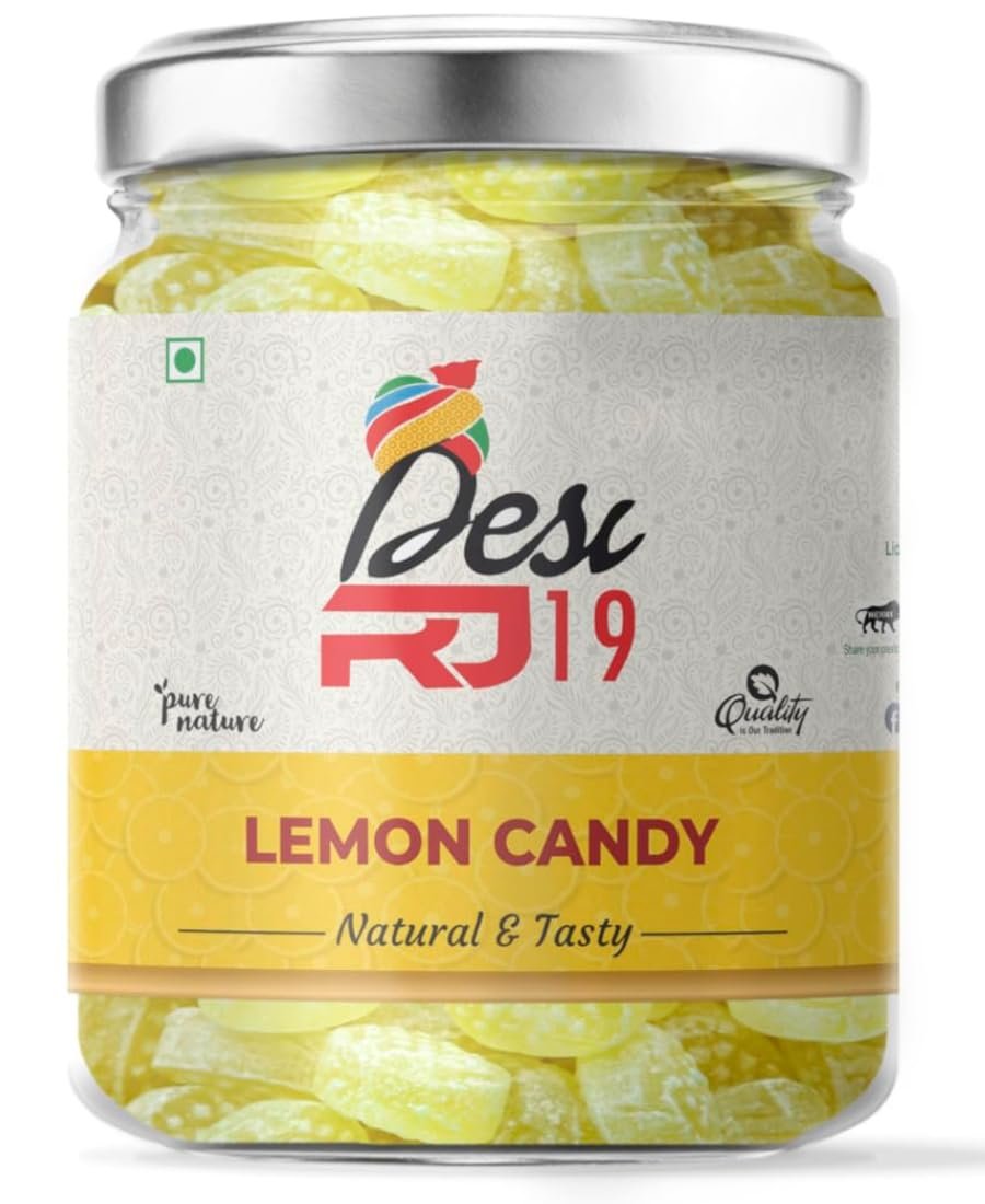 Desi RJ19 Natural and Tasty Lemon Flavoured Candy, Sweet and Tangy Lemon Goli | Lemon Candy Jar Pack, 200gm