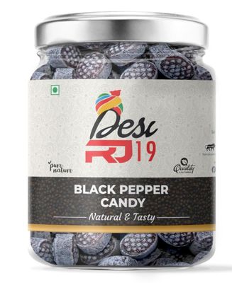 Desi RJ19 Natural and Tasty Black Pepper Flavoured Candy, Sweet and Spicy Masala Goli | Kali Mirch Candy Jar Pack, 200gm | Black Pepper Candy