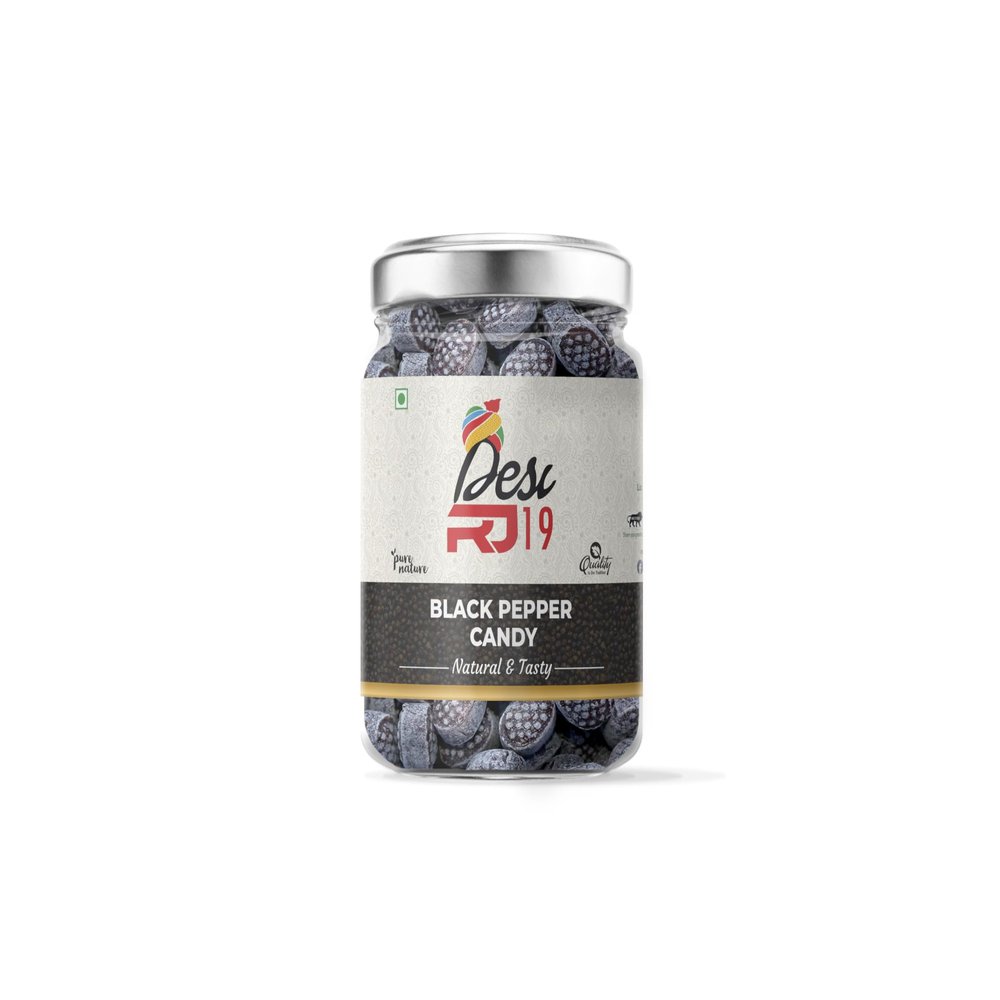 Desi RJ19 Natural and Tasty Black Pepper Flavoured Candy, Sweet and Spicy Masala Goli | Kali Mirch Candy Jar Pack, 400gm | Black Pepper Candy