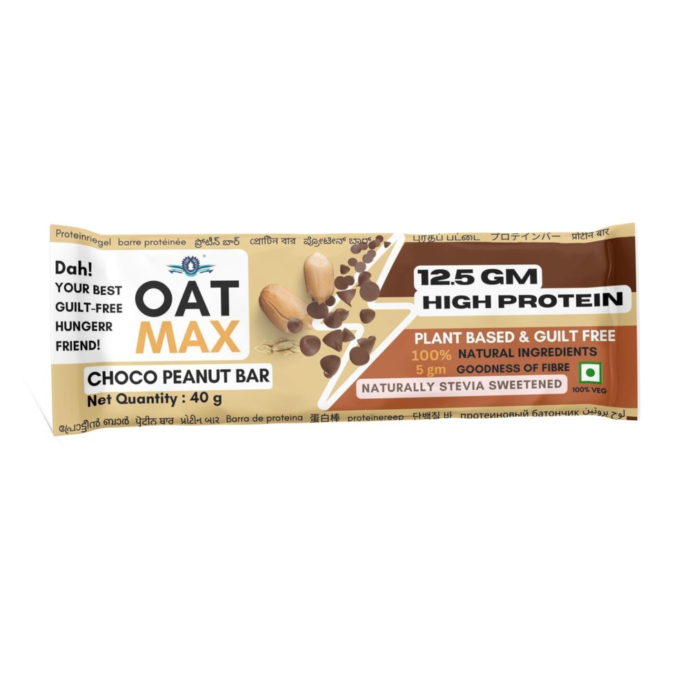 OATMAX PROTEIN OAT BAR- NUTRITION PEANUT CHOCO BAR- PACK OF 5 (40 GM EACH) 12.5 GM HIGH PROTEIN, FIBER, VITAMINS & MINERALS, NO PRESERVATIVES, 100% VEG, NO ADDED SUGAR, FOR ENERGY, FITNESS (PEANUT CHOCO)