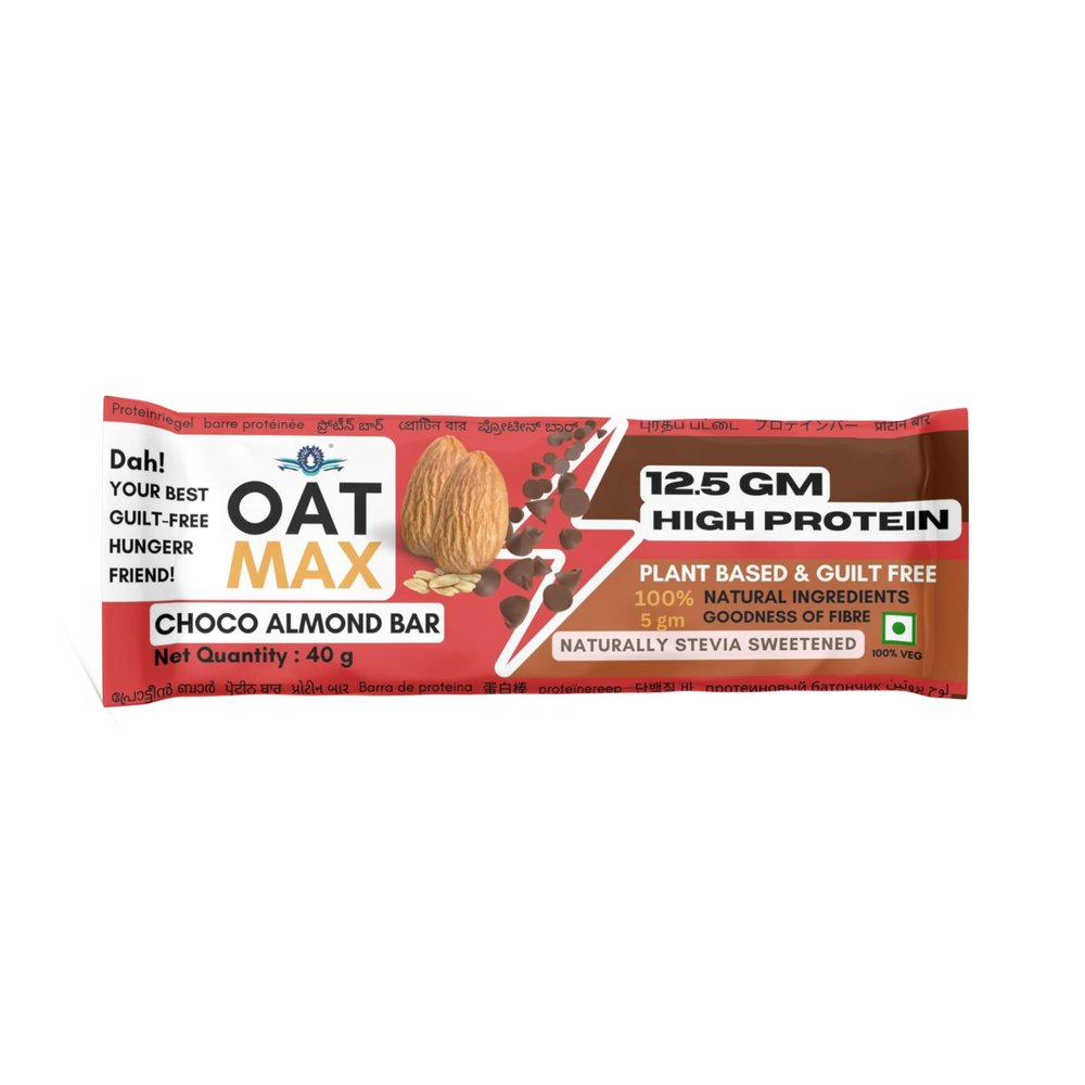 OATMAX PROTEIN OAT BAR- NUTRITION ALMOND CHOCO BAR- PACK OF 5 (40 GM EACH) 12.5 GM HIGH PROTEIN, FIBER, VITAMINS & MINERALS, NO PRESERVATIVES, 100% VEG, NO ADDED SUGAR, FOR ENERGY, FITNESS (ALMOND CHOCO)