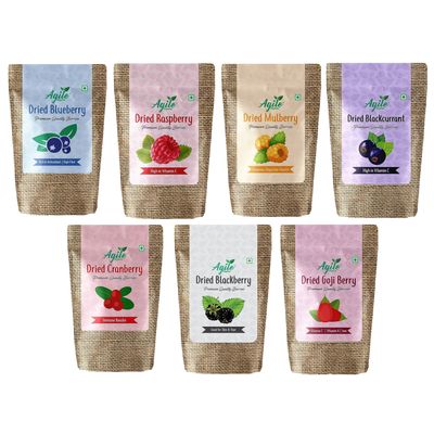 Agile Organic Dried Berries Combo 7 in 1 | Cranberry 150g, Blueberry 150g, Gojiberry 100g, Blackberry 100g, Raspberry 100g, Mulberry 100g and Black Currant 100g | Pack of 800g (7 units)