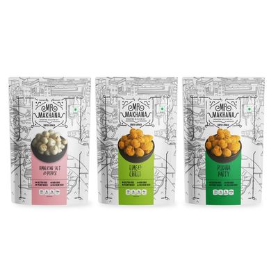 Mr. Makhana Roasted Makhana & Foxnuts : Himalayan Salt & Papper, Lime & Chilli, Pudina Party (Pack of 3x55 gm) | Gluten Free | MSG Free | Roasted in Olive Oil | Rich Calcium