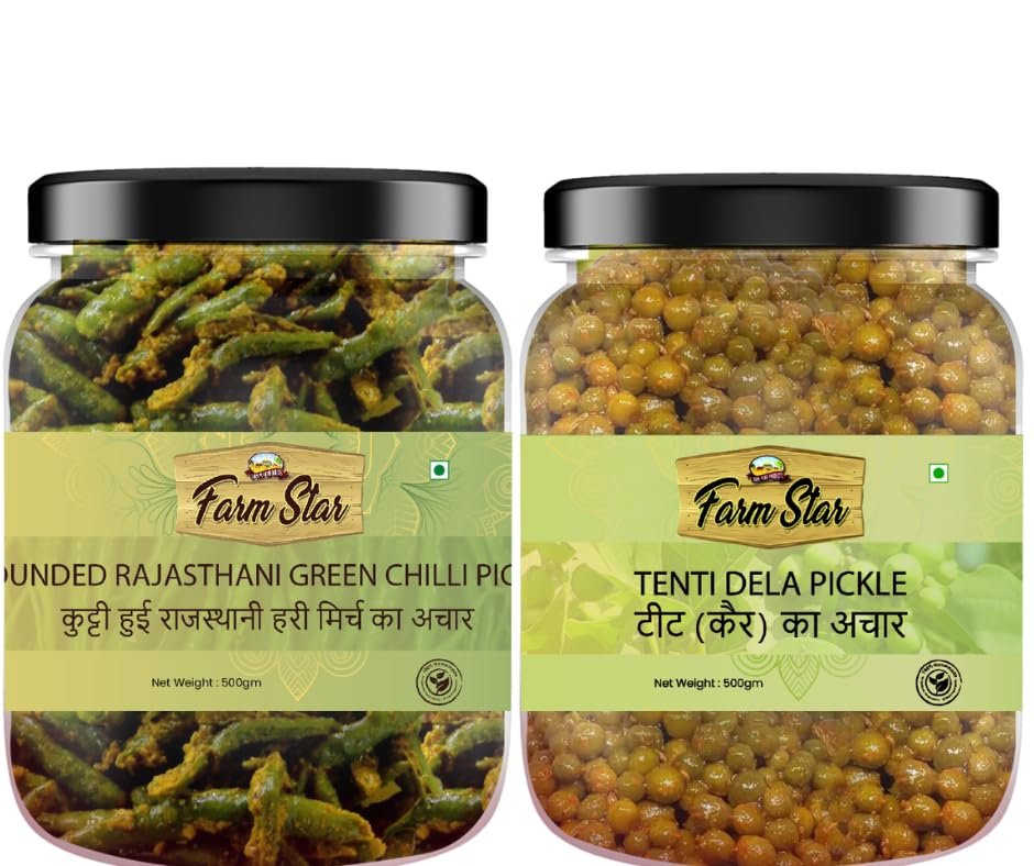 Farm Star 1 Kg-Combo Pack Of Tenti And Pounded Rajastahni Green Chilli Pickle- 500Gm Each