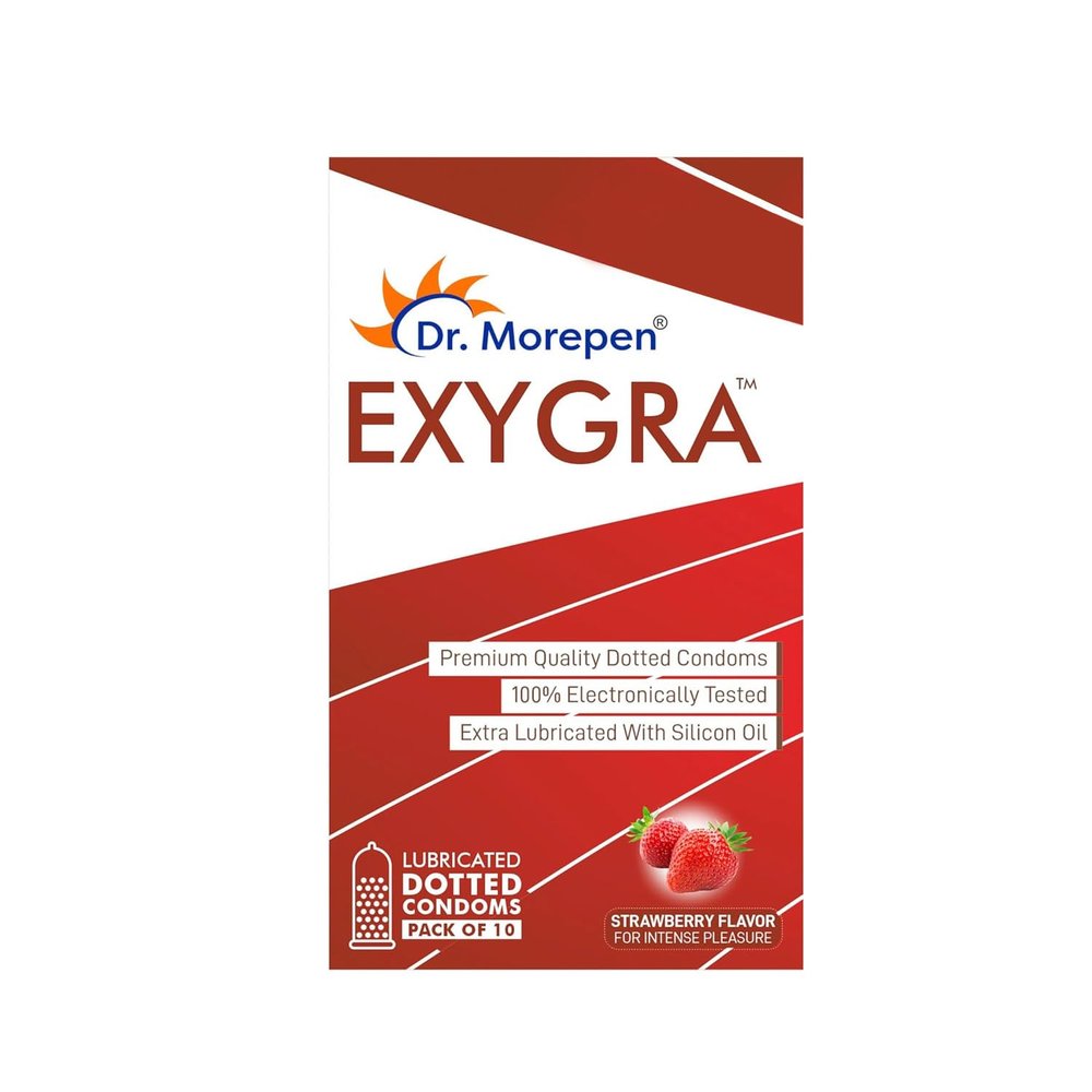 Dr. Morepen Exygra Condoms- Ultra-thin, Lubricated, Extra Dotted, Strawberry Flavour 10 count