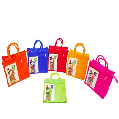 AnumalaJute Bags with MadhuBaani Print for Daily use| Tote Bag with Two Pockets  Lunch Bag  Multipurpose Bag  Reusable | Grocery |Return Gift | Multicolor (11x11x5) inches (Multi_Pack_Of_6pcs)