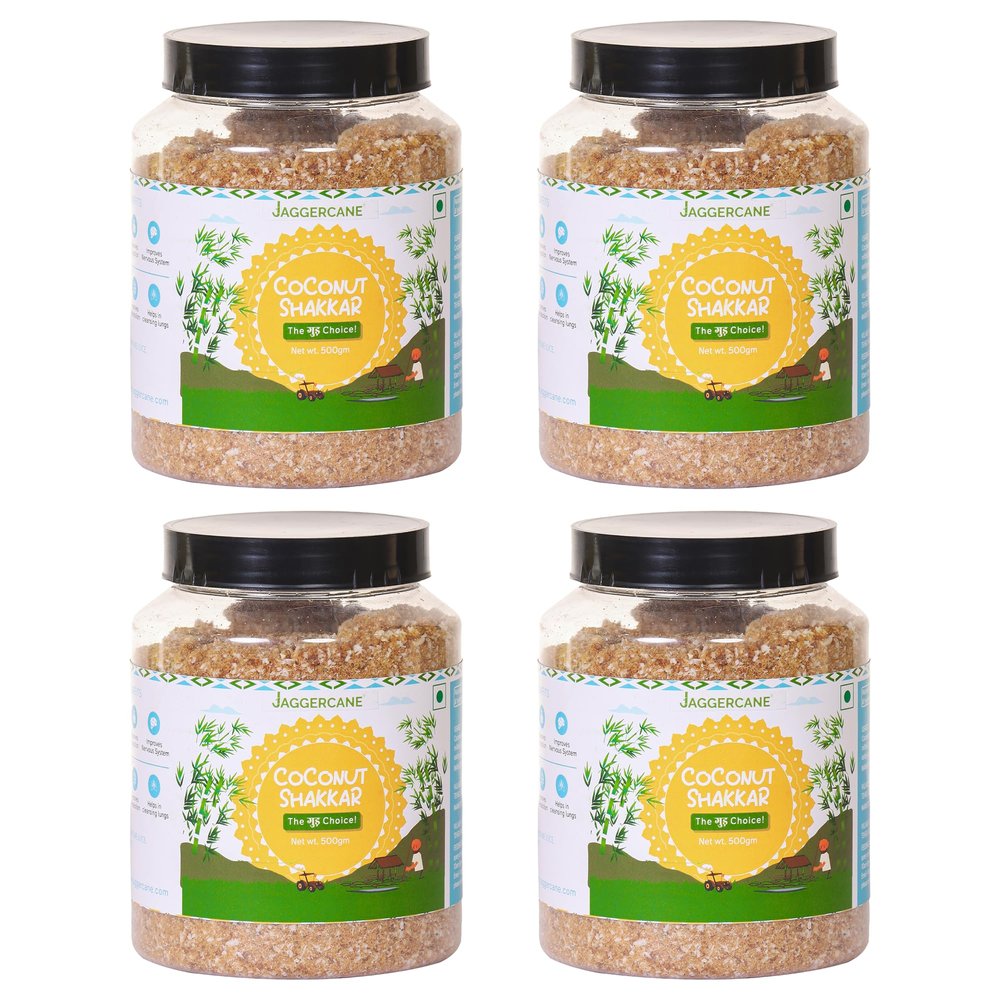 Jaggercane Coconut shakkar | Unrefined Natural Pure Coconut Nectar |Vegan | Gluten free| Nariyal Desi Gur,Gud, Chemical Free, No Added Preservatives | 500 gm|(pack of 4) Eack of 500gm