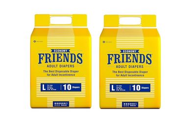 Friends Economy Adult Diapers Tape Style - 10 Count/Pack (Large) with odour lock and Anti-Bacterial Absorbent Core- Waist Size 29.53-57.09 Inch ; 75  145 Cm (Large, 20 Count)-Pack 2