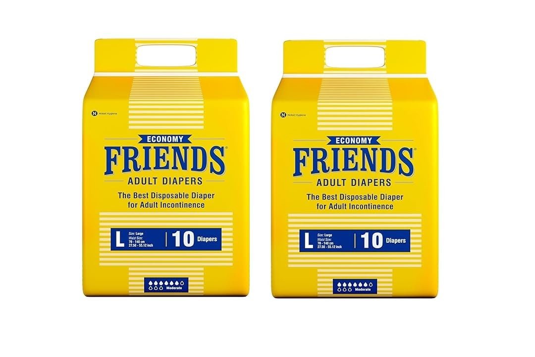 Friends Economy Adult Diapers Tape Style - 10 Count/Pack (Large) with odour lock and Anti-Bacterial Absorbent Core- Waist Size 29.53-57.09 Inch ; 75  145 Cm (Large, 20 Count)-Pack 2