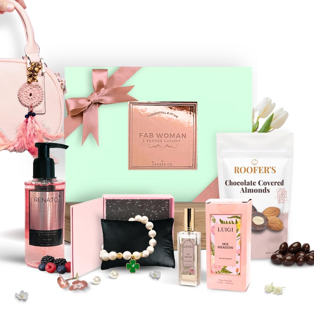 5 Senses Co. Luxury Gift Set Box for Women | Curated Gift Hamper for Wife, Girlfriend, Sister, Daughter, Mother | For Birthday, Anniversary, and all Special Occasions | Mothers Day Gifts | Includes Jewellery, Perfume, Personal Care & More