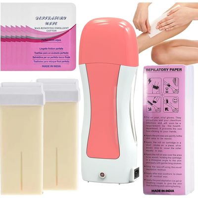 ARUHIU Roll on Wax, Waxing Roller Warmer Kit Hair Removal of Body Non-Woven Milky Chocolate Wax Strips & Blue Sensitive Skin at Home Cartridge Depilatory Soft Warmer for Men Women (2 X Refill Wax Cartidge)