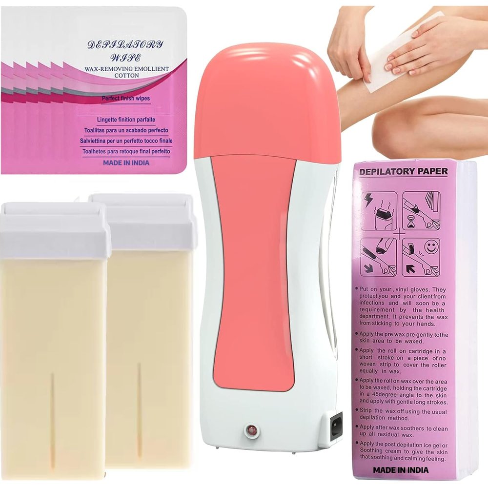 ARUHIU Roll on Wax, Waxing Roller Warmer Kit Hair Removal of Body Non-Woven Milky Chocolate Wax Strips & Blue Sensitive Skin at Home Cartridge Depilatory Soft Warmer for Men Women (2 X Refill Wax Cartidge)
