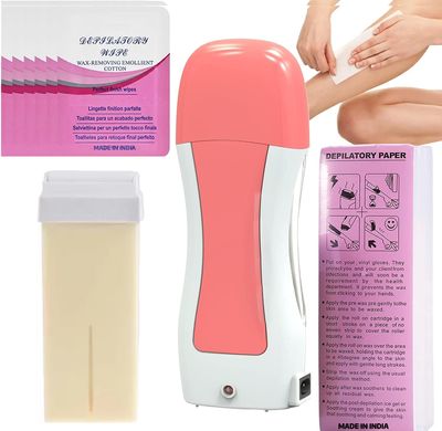 ARUHIU Roll on Wax, Waxing Roller Warmer Kit Hair Removal of Body Non-Woven Milky Chocolate Wax Strips & Blue Sensitive Skin at Home Cartridge Depilatory Soft Warmer for Men Women (1 X Refill Wax Cartidge)